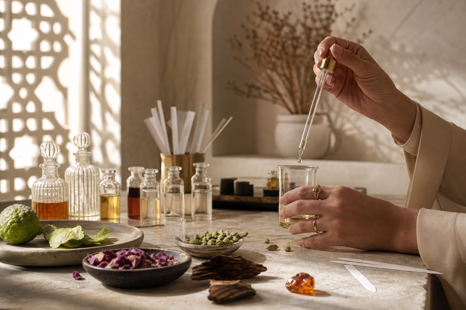 A perfumer’s hands measuring aromatic liquid in a contemporary atelier